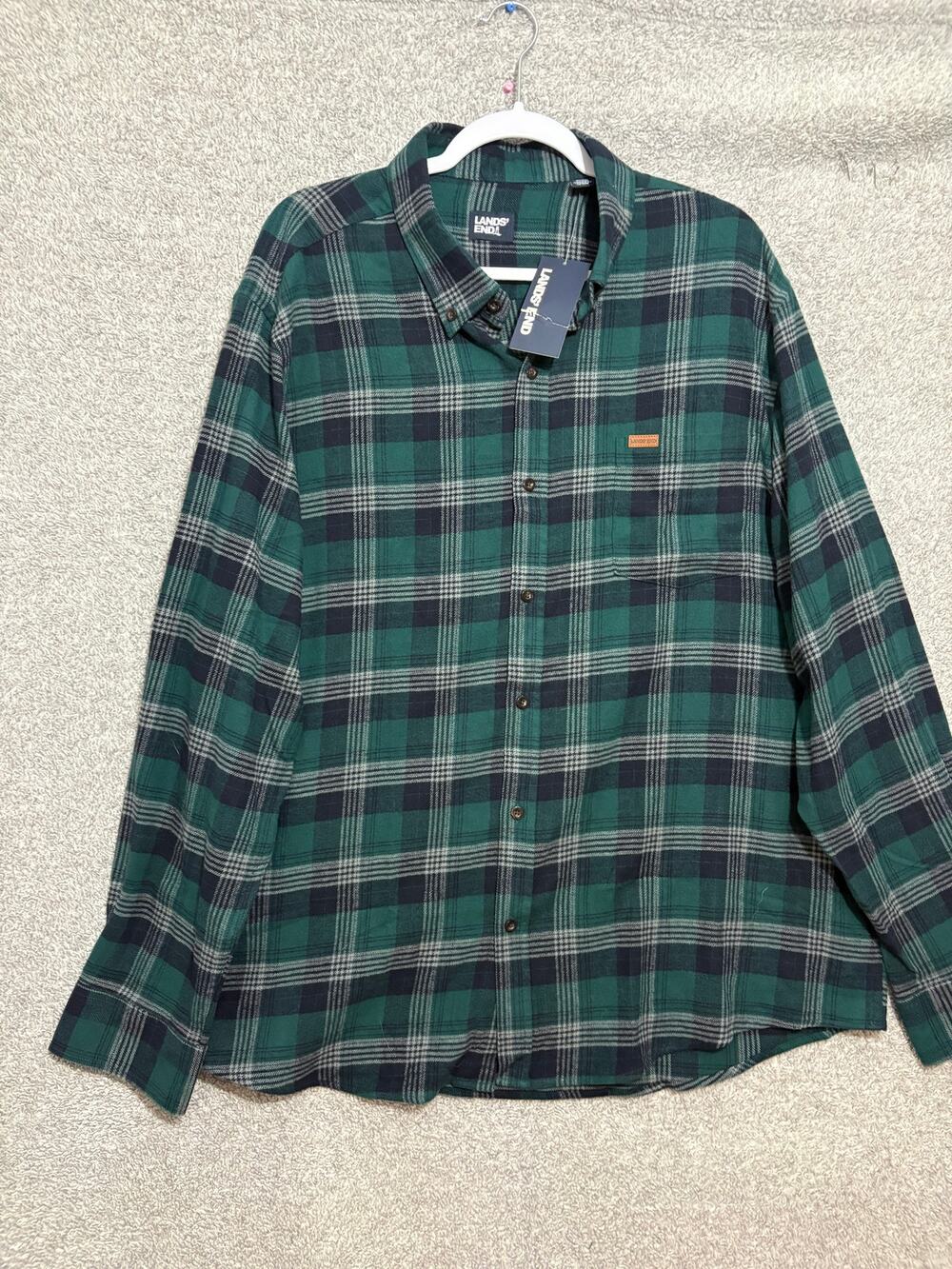 Lands End Mens XXL Green Navy Plaid Cotton Flannel NWT
